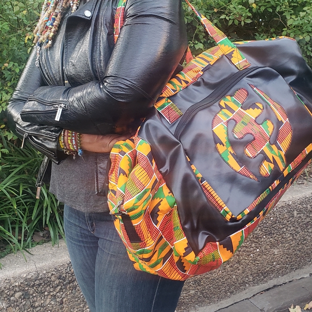 Leather/ Kente print duffel bag